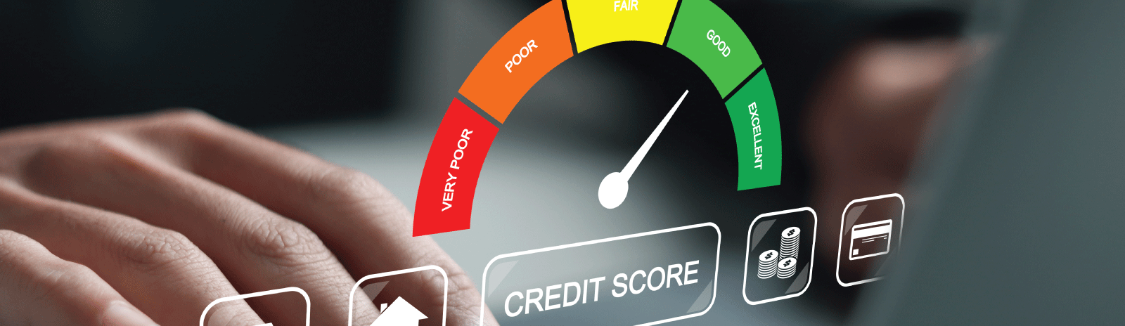 Hands on laptop keyboard with a graphic overlay indicating a good credit score. 