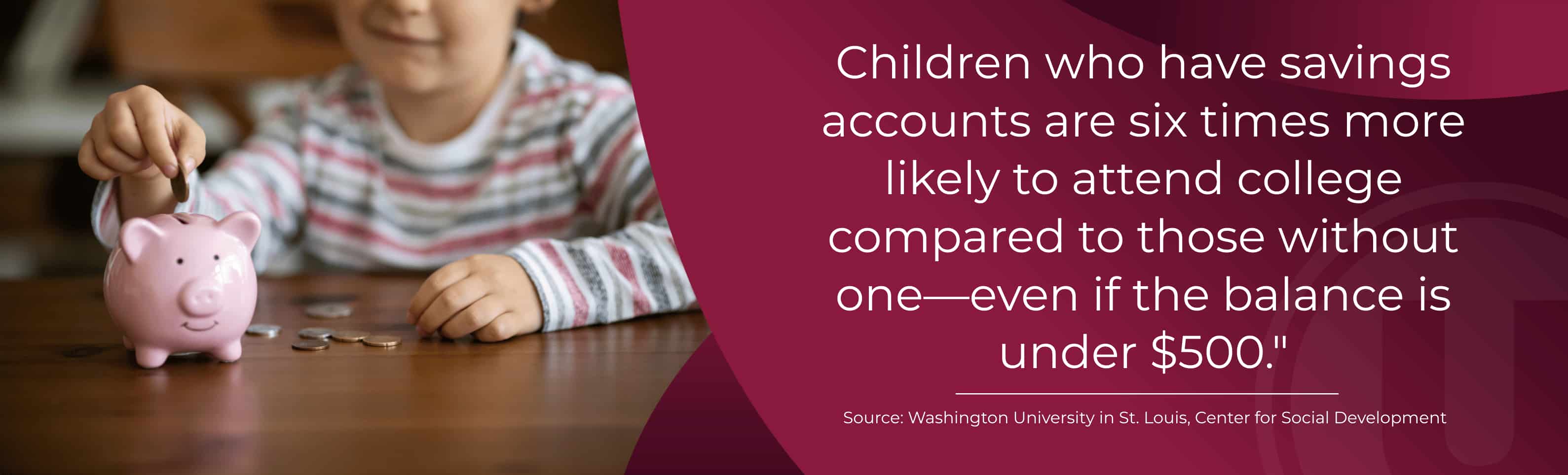 Children who have savings accounts are six times more likely to attend college compared to those without one—even if the balance is under $500."
— Source: Washington University in St. Louis, Center for Social Development