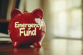 Red piggy bank with the words Emergency Fund written on it.