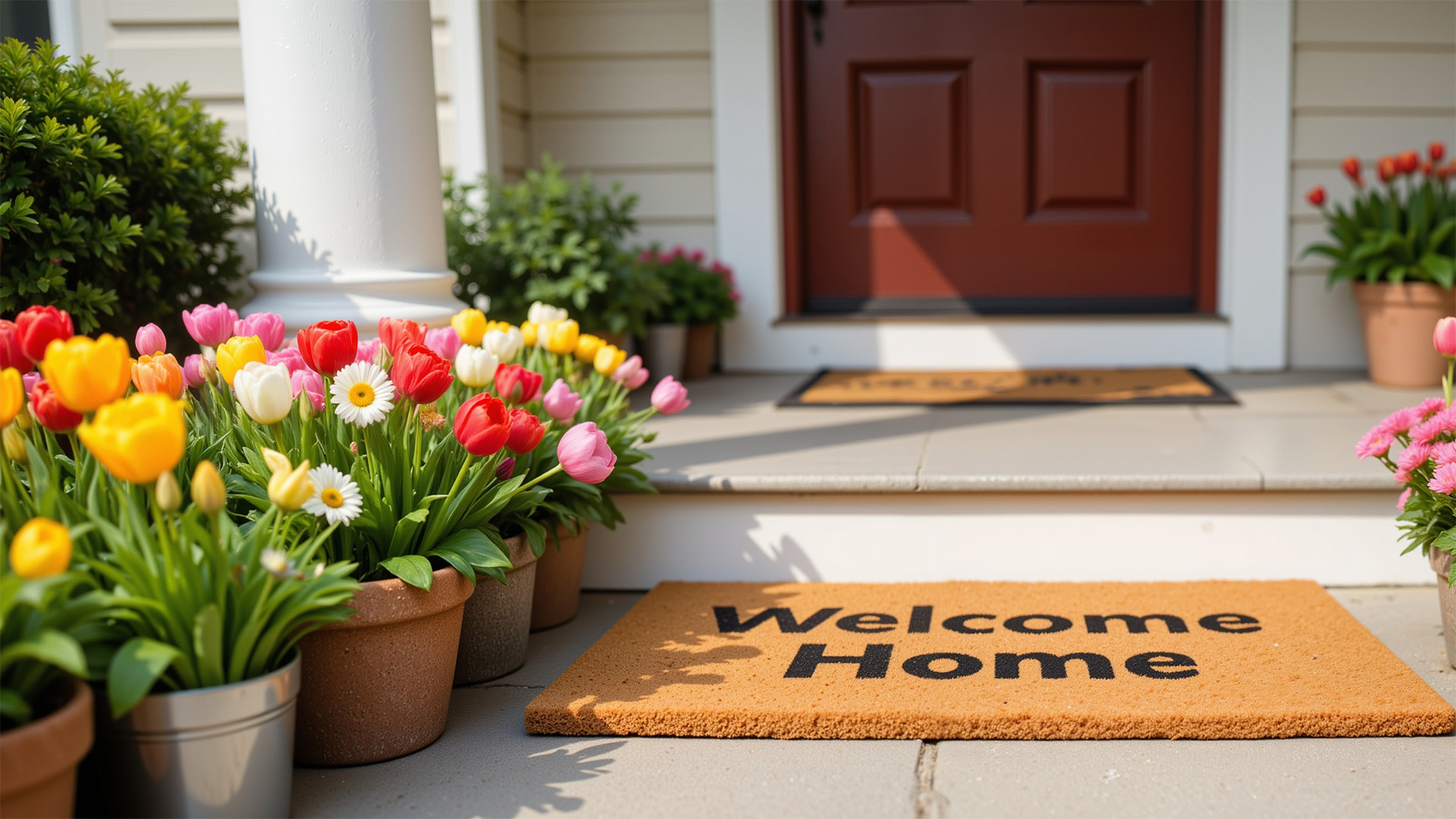 Door mat with the words Welcome Home. Pots of tulips on the left side.